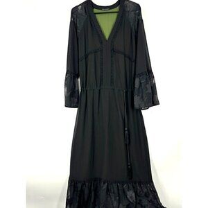 Vintage Sisley V-Neck Lace Long Sleeve Belted Maxi Dress Black 6